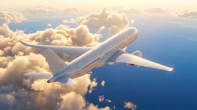Avi&atilde;o flying high above the clouds at sunset represents a commercial aircraft cruising through the atmosphere during a beautiful international travel journey.