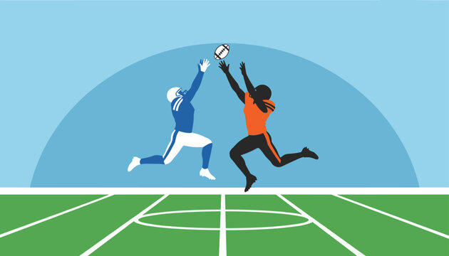Two american football players jumping high to catch the ball on a green field under a clear blue sky.