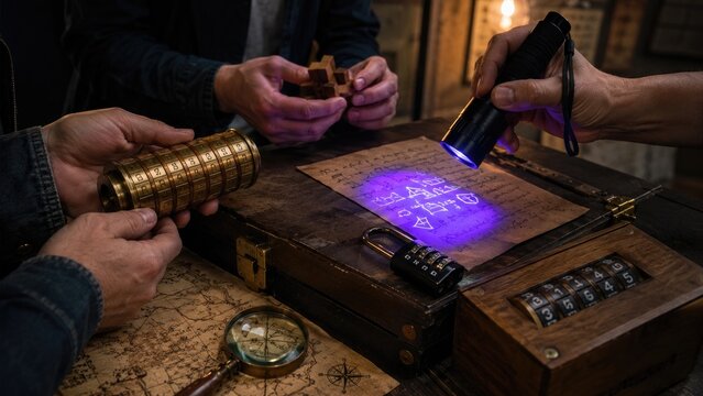 Hands reveal hidden UV message with blacklight on a wooden puzzle box in an escape room-style mystery scene