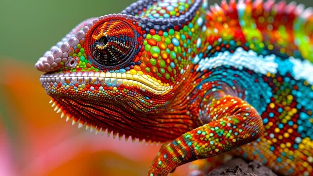 Close-up of a vibrant, multi-colored chameleon displaying intricate skin patterns and textured scales