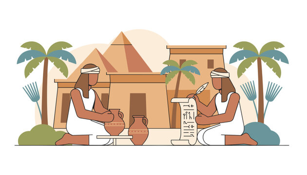 Ancient Egyptian artisans working on pottery and writing hieroglyphics on papyrus scrolls near pyramids and palm trees.