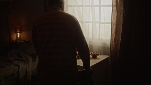 Lowkey back view of Caucasian senior man walking to table, leaning on surface, and looking out window. Perfect for commercial projects on elderly loneliness, mental wellbeing, senior care services