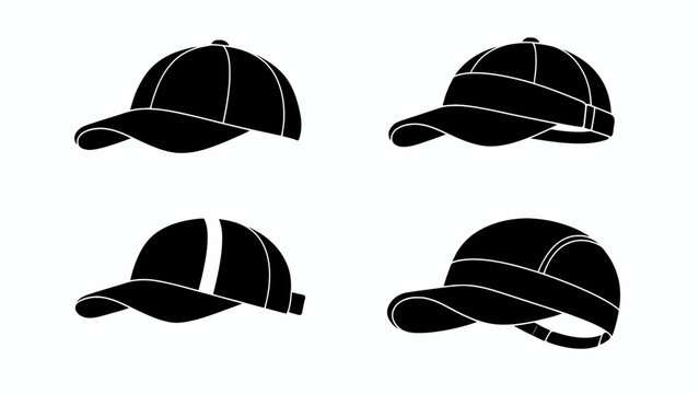Set of four black baseball caps silhouettes with adjustable straps
