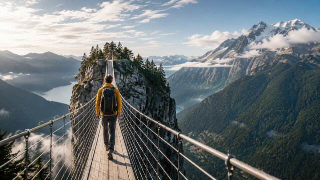 Backpacker in a yellow jacket walks across a suspension bridge toward a rocky alpine peak amid panoramic mountain scenery
