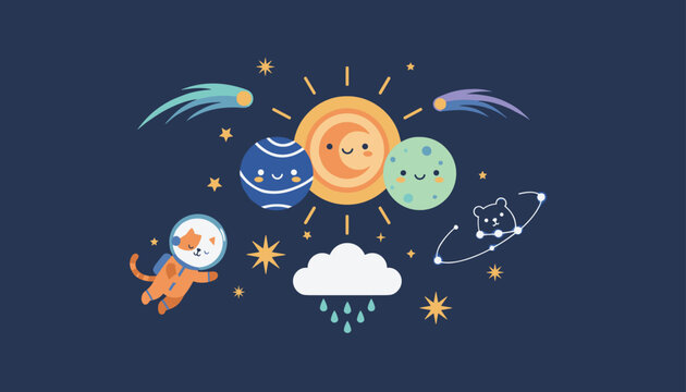 Adorable cosmic space illustration featuring cute smiling planets, a cat astronaut, stars, and a bear constellation.