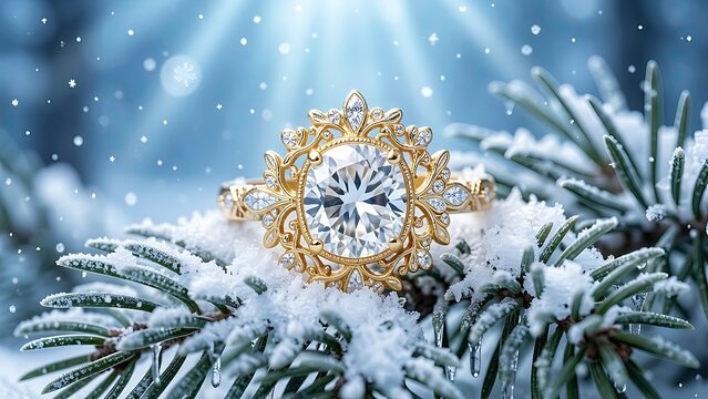 Luxury gold diamond ring on snowy pine branch, winter holiday jewelry advertising concept, close-up with bokeh background