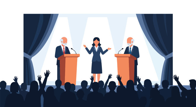 Flat style vector illustration of political candidates participating in a moderated debate forum before a live audience. Perfect for election campaigns, democracy awareness, government communication