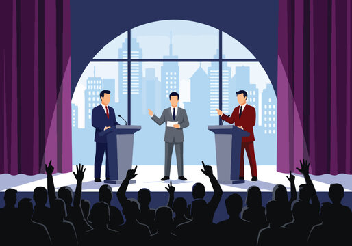 Flat style vector illustration of political candidates participating in a moderated debate forum before a live audience. Perfect for election campaigns, democracy awareness, government communication