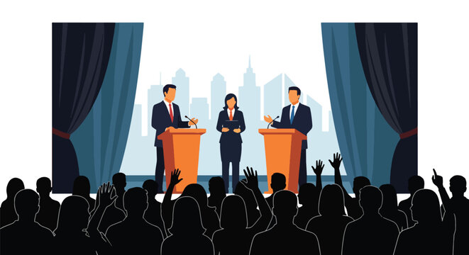 Flat style vector illustration of political candidates participating in a moderated debate forum before a live audience. Perfect for election campaigns, democracy awareness, government communication