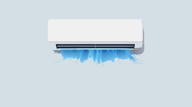 A white wall-mounted air conditioner unit emits flowing blue cold air waves in this clean flat vector illustration on a light background, ideal for home appliance, HVAC, and summer cooling themed cont