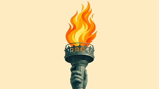 An outstretched hand holds a blazing liberty torch with ornate metalwork on a warm cream background in this powerful clean flat vector illustration, suited for freedom, patriotism, and Fourth of July 