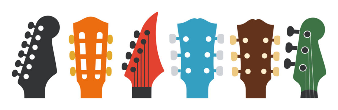 Set of diverse guitar and bass headstocks featuring string tuners, nut, and string winding pegs in a flat style