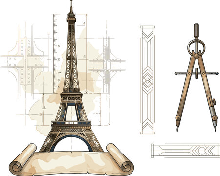 Vintage Eiffel Tower Architectural Blueprint Vector Set with Drawing Compass Scroll Paper Structural Calculations and Decorative Borders for Paris Travel Designs