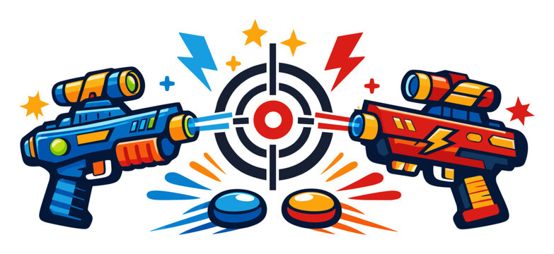 Colorful laser blasters fire beams at a central target, creating a competitive sci-fi game scene