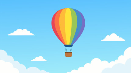 Fototapeta premium Rainbow-striped hot air balloon with a wicker basket floating in a blue sky with white clouds, a flat vector illustration ideal for adventure and travel themes on a light background.