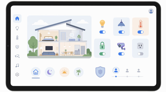 Tablet computer displaying a smart home control app with a cross-section of a house and toggle switches for lights, temperature, lock, and camera, a flat vector illustration on a light background.