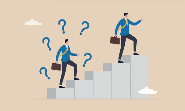 Succes ladder success, self improvement or career development, step to succeed and reach goal concept, businessman begin to walk up stair to thumb up