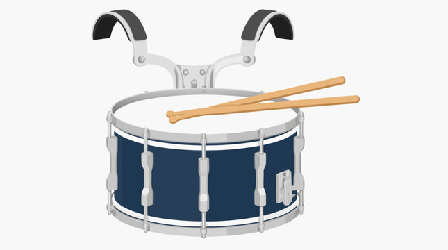 Navy blue marching band snare drum with chrome hardware and a shoulder harness with two wooden drumsticks, a flat vector illustration ideal for music and parade themes on a light background.