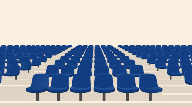 Rows of empty dark blue stadium bleacher seats receding in perfect perspective on a cream background, a flat vector illustration ideal for sports venue, event, and crowd capacity themes.