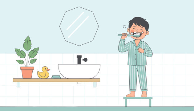 Little boy in green striped pajamas standing on a step stool to brush his teeth in front of a modern bathroom sink.