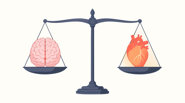 A balance scale perfectly level with a detailed pink brain on one pan and a glowing red heart on the other, symbolizing the balance between reason and emotion, ideal for psychology and wellness campai
