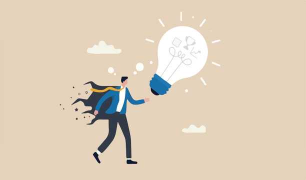 Think big, aspiration to win and success in business big idea from creativity imagination overcome fear concept, smart businessman entrepreneur thinking big oversized idea lightbulb