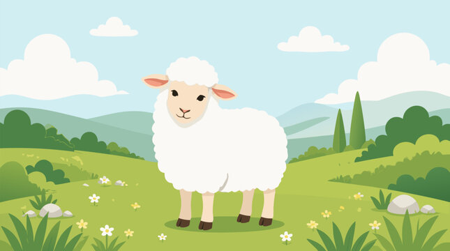 Cute fluffy white sheep standing in a vibrant green meadow with flowers, trees, and a blue sky for Kurban Bayram in a clean flat vector illustration.