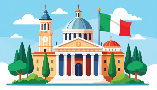 Italian Building with Flag and Domes.