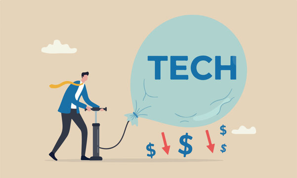 Technology, overvalued stock causing by economic crisis and greedy investors concept, businessmen investor take risk by pumping air into ready to burst balloon with the word TECH