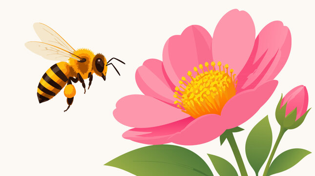 A yellow and black honey bee approaching a bright pink blooming flower with a bud on a cream background, ideal for nature-themed branding, pollination awareness campaigns, and spring seasonal content.