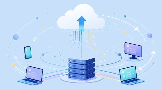 Cloud computing server stack connected to laptops, tablets, and a monitor via upload arrows representing data sync on a blue background in a clean flat vector illustration.