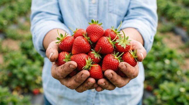 Farmer holding fresh organic red strawberries in dirty hands