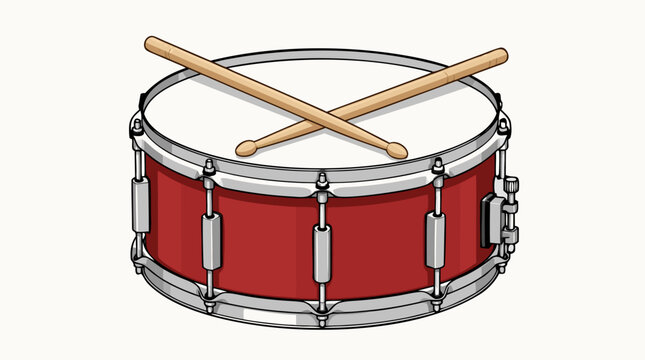 Red marching snare drum with silver tension rods and two wooden drumsticks crossed on top in a clean flat vector illustration on a light background.
