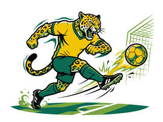 Fototapeta premium A jaguar wearing a yellow jersey kicks a soccer ball with force on a green field near a goalpost in a dynamic action scene.