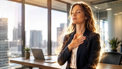 Obraz premium Professional woman practicing mindfulness at desk in sunlit office, hand on chest, peaceful corporate wellness moment