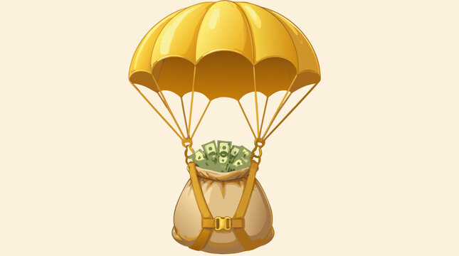 A large golden parachute canopy gently lowering a bulging burlap money sack with dollar bills, symbolizing financial safety nets and executive compensation, ideal for finance editorial content and eco
