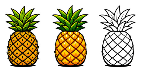Fototapeta premium Pineapple vector illustrating tropical fruit with green leaves in cartoon style, including a clean version and an outline