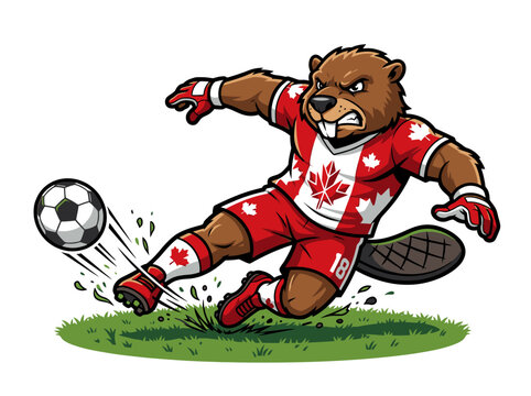 A cartoon bear in a red and white uniform kicks a soccer ball on a green field with motion lines around it during a sports event.