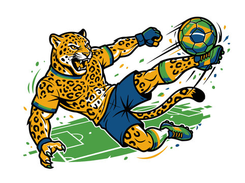 A cartoon jaguar playmaker shoots a soccer ball on a green field during a sports event with motion lines.