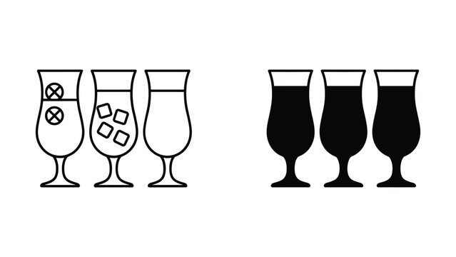 Set of three tall cocktail glasses with ice in line art and solid black silhouette icon designs