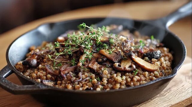 Steaming hot mushroom buckwheat dish in cast iron skillet for healthy rustic meal concept and farm to table culinary aesthetic with fresh herbs and organic grains