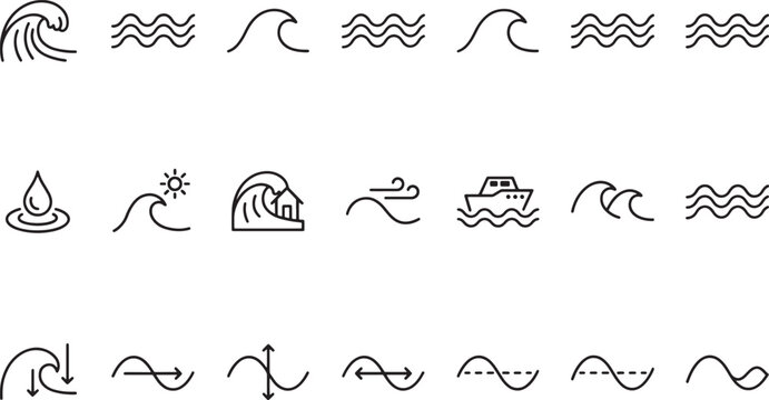 Vector illustration Ocean wave and marine water surface movement icons representing weather tides and aquatic currents.