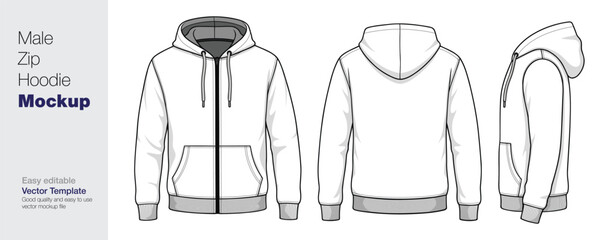 Men's White Zip-Up Hoodie Mockup Vector Template - Front, Back, and Side View © SK design