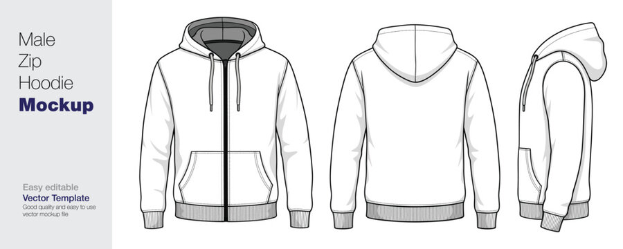 Men's White Zip-Up Hoodie Mockup Vector Template - Front, Back, and Side View