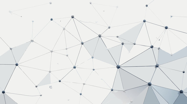 A flat vector illustration of a low-polygon wireframe mesh network with interconnected dots and triangular geometric shapes forming a dynamic abstract background, perfect for technology presentations,