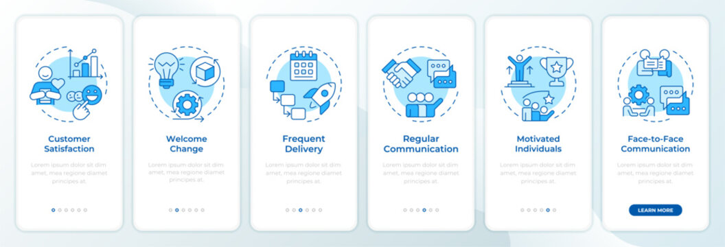 Agile principles blue onboarding mobile app screen. Operational process. Customer centric business model. Walkthrough 6 steps editable graphic instructions with linear concepts. UI, UX, GUI