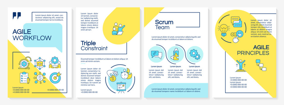 Team collaboration model blue and yellow brochure layout. Digital product delivery lifecycle. Modern operational workflow. Leaflet advertising design with color line icons. Editable 4 pages