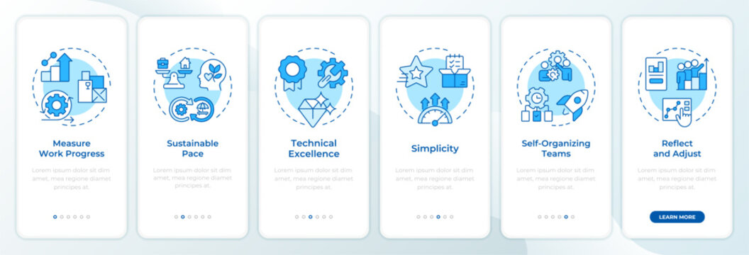Foundational agile project principles blue onboarding mobile app screen. Sustainable business growth. Walkthrough 6 steps editable graphic instructions with linear concepts. UI, UX, GUI