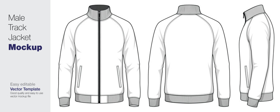 Men's Track Jacket Mockup Vector Template - Front, Back, and Side View