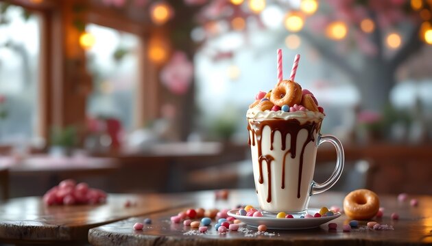 Gourmet milkshake overflowing with toppings, a trendy dessert caf&eacute; concept